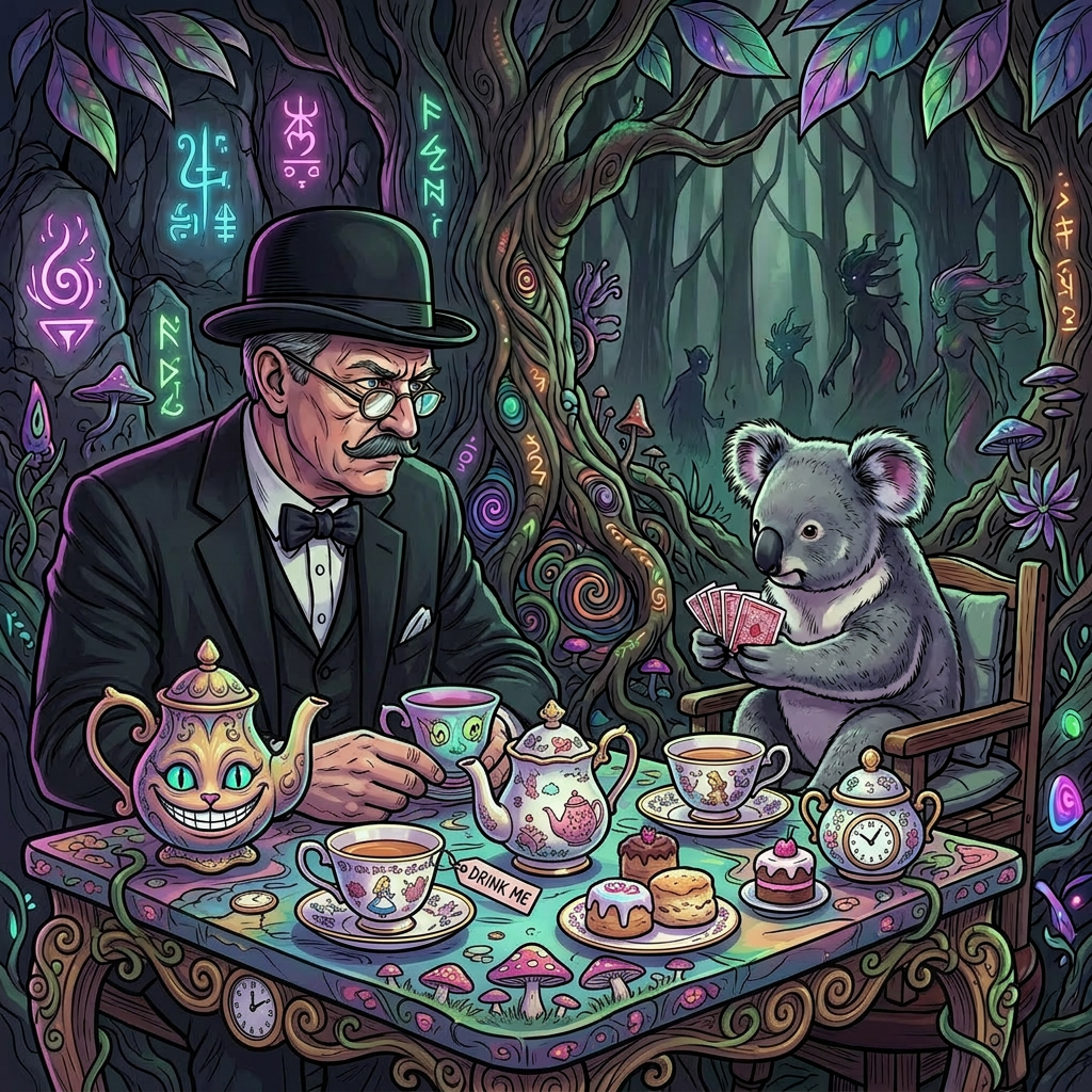 Man and koala sitting at a pub table playing poker with cards and chips